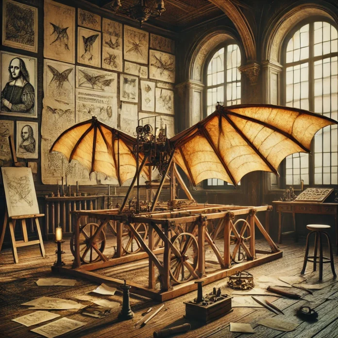 DALL·E 2025-01-08 18.29.30 - An artistic and detailed depiction of Leonardo da Vinci's ornithopter flying machine design. The scene shows a wooden frame with large, bat-like wings