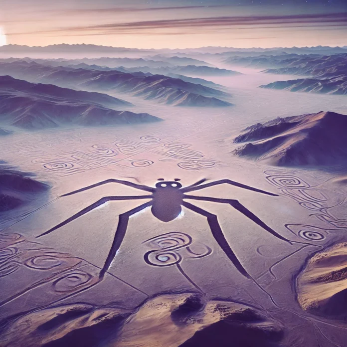 DALL·E 2025-01-09 15.01.41 - A mystical depiction of the Nasca Lines in Peru, showcasing an intricate geoglyph of the spider carved into the desert terrain. The image features a v