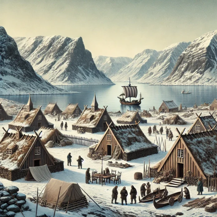 DALL·E 2025-01-09 15.04.03 - A historical depiction of Viking settlers in Greenland, featuring a small settlement with wooden and turf-roofed houses surrounded by icy fjords and s