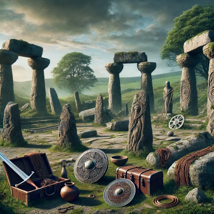 DALL·E 2025-01-09 15.44.01 - A dramatic depiction of a lost Celtic civilization in Iberia, showing ruins of stone temples and carved standing stones surrounded by a lush green lan