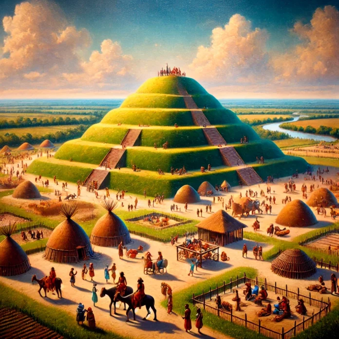 DALL·E 2025-01-09 15.48.50 - An artistic recreation of Cahokia at its peak, showcasing Monks Mound as the central feature, with a surrounding complex of smaller mounds, plazas, an